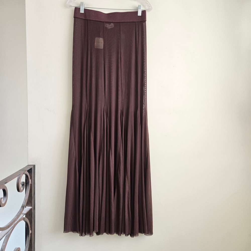 Free People M Godet Girl Maxi Skirt Women Brown NEW Sheer Mesh Pleated Chocolate